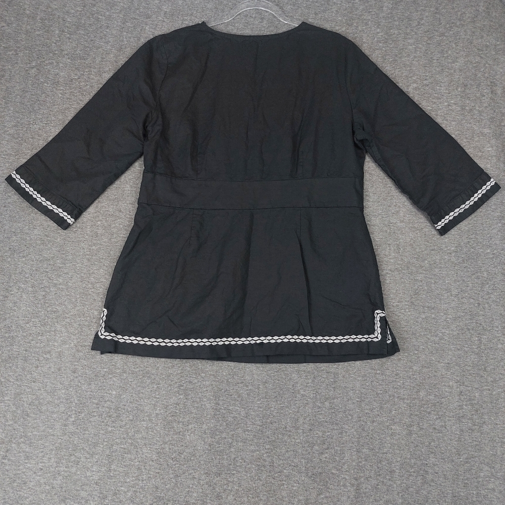 COVINGTON WOMEN BLACK WHITE EMBROIDERED BEADED LINEN BLEND 3/4 SLEEVE BOHO TOP M - Picture 7 of 7